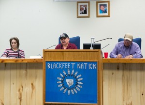 Three of the seven Willie A. Sharp Jr. faction members, Cheryl Little Dog, left, Leon Vielle and Sharp, send out a live telecast to the Blackfeet Nation from tribal headquarters. The telecast was in response to tribal paychecks being late again. During the telecast, Vielle called the Log Cabin Council “extortionists” and “terrorists,” saying their corruption would not be tolerated and they would not bend to the Log Cabin Council’s demands regarding paychecks. Shortly after, Sharp, Vielle and Little Dog talked with the Log Cabin Council and agreed to pay tribal employees.