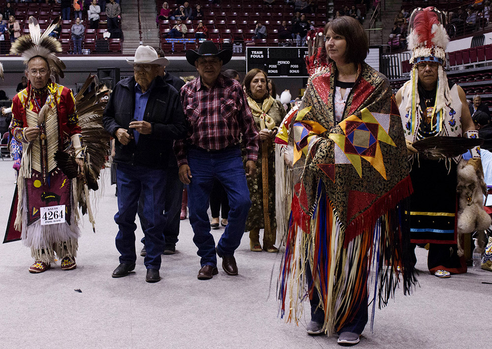 Denise Juneau, a Blackfeet descendant who is running for U.S. Congress, was honored at the 48th annual Kyi-yo Pow Wow in Missoula on Saturday, April 23, 2016. If elected, Juneau will be the first Native American woman to serve in the U.S. House of Representatives.
