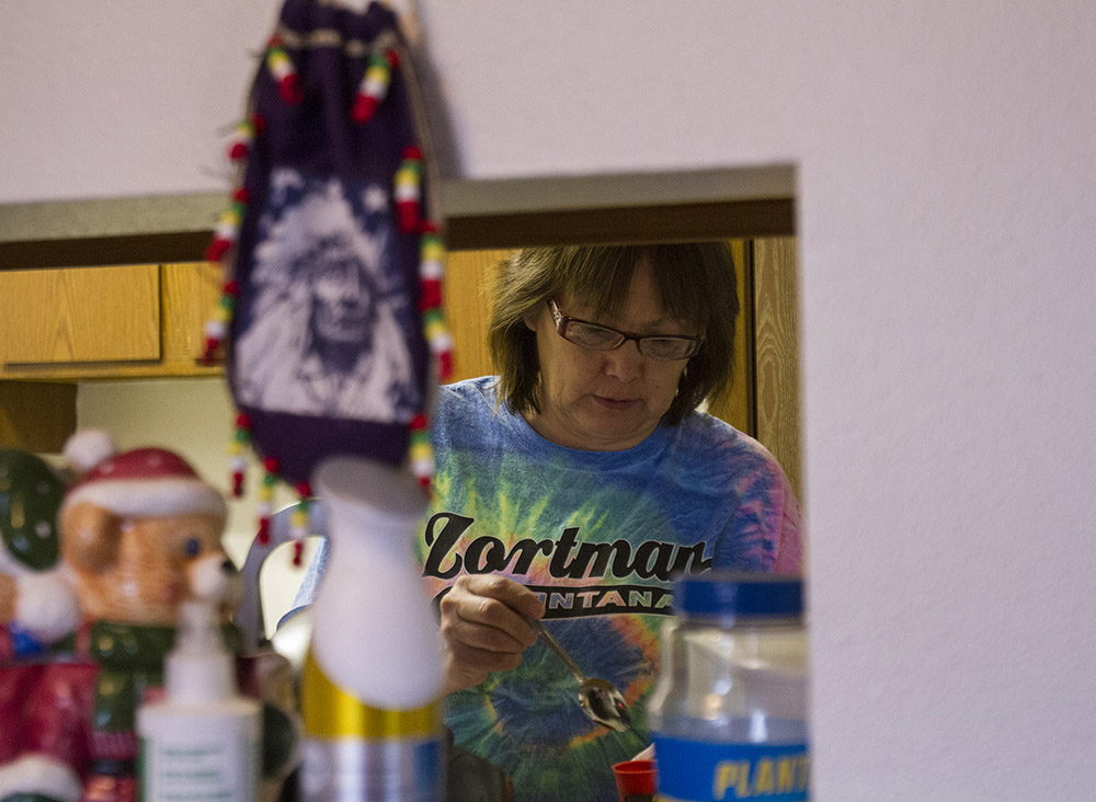 Stephanie Wing makes coffee in her kitchen on a Sunday morning. She has lived both on and off the Fort Belknap Indian Reservation throughout her life and understands the importance of voting in both tribal and federal elections. Wing thinks the reason people don’t vote is that it is too difficult to get to the voting offices.