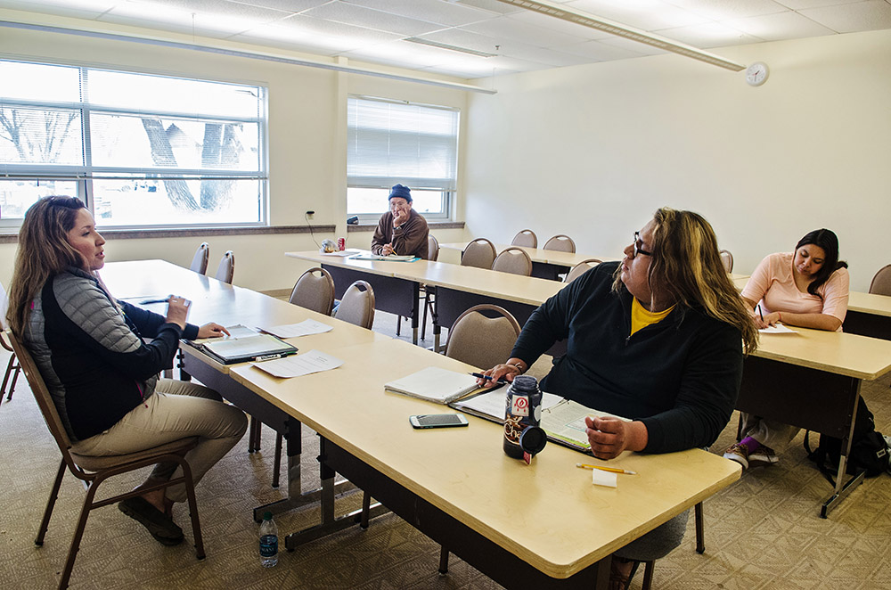 Winters Plainbull sits in front for his health and wellness class on March 30, 2016. Plainbull sits in front for all of his classes and takes his education at Little Big Horn College seriously.