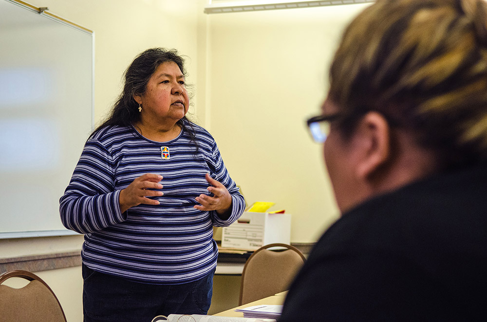 Sen. Sharon Stewart-Peregoy, D-Crow Agency teaches tribal politics at Little Big Horn College. Classes on the Crow reservation have a tendency to empty out after the seventh week of instruction when Pell Grants get distributed to students.