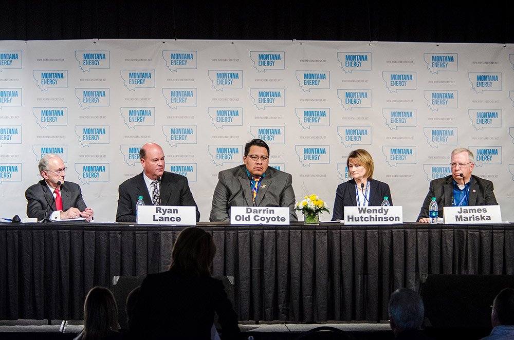 Darrin Old Coyote, center, sits on a panel at the Montana Energy Conference on March 31, 2016 at the Radisson Hotel in Billings. Old Coyote spoke about the big opportunities that coal provides for the Crow reservation.
